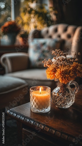 Cozy Atmosphere With Candle and Dried Flowers in a Serene Living Room Setting.