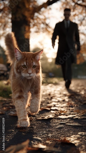 Orange Cat Walking on a Leaf-Covered Path While a Man in a Suit Strolls in th...