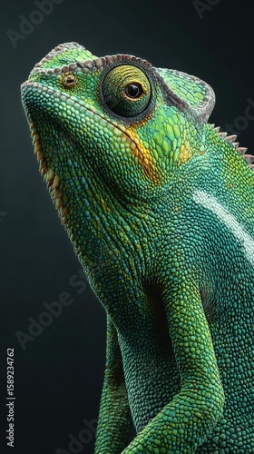 Colorful Chameleon With Intricate Textures Displayed Against a Dark Background.