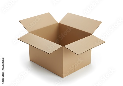 A cardboard box with open flaps sitting on a white surface in a studio setting with soft shadows