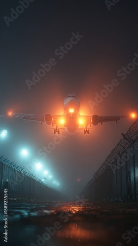 Airplane Approaches Runway Under Foggy Night Sky Near Airport.