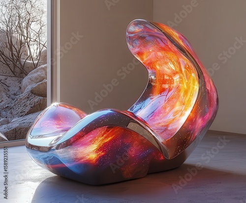 Futuristic lounge chair with vibrant, swirling colors, showcasing innovative design and comfort in a modern interior setting.