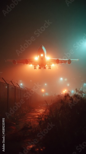 Airplane Approaches Runway Under Foggy Night Sky Near Airport