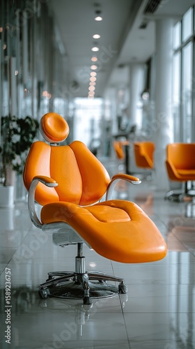 Bright Orange Reclining Chair in a Modern Dental Clinic With Sleek Design Ele...