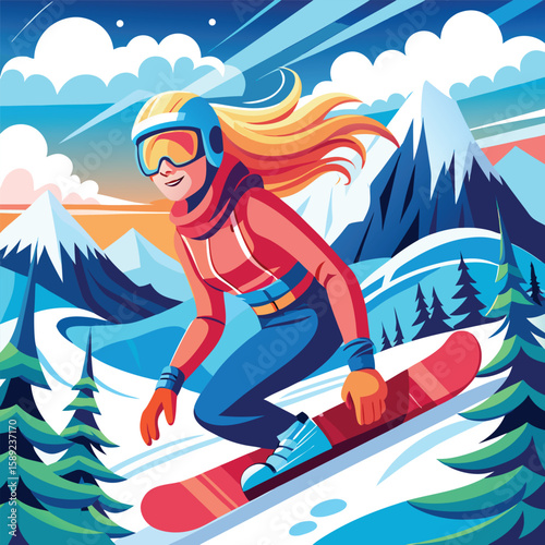 Fun cartoon girl enjoying diverse sports: beach surfing, winter snowboarding, and scooter rides
