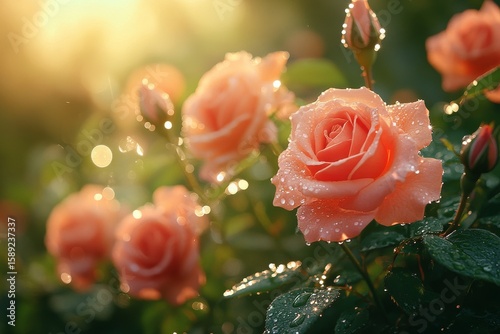 Beautiful Pink Roses Glistening With Dew in a Garden at Sunrise.