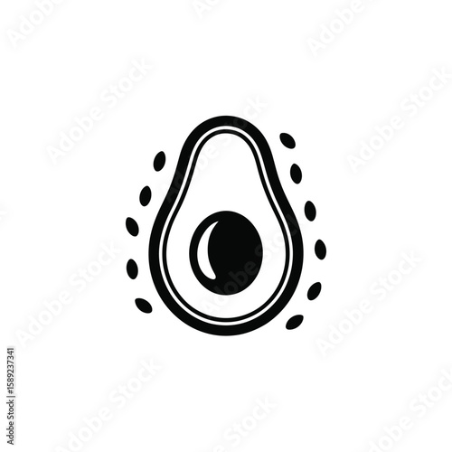Stylized black and white icon of a halved avocado with a seed