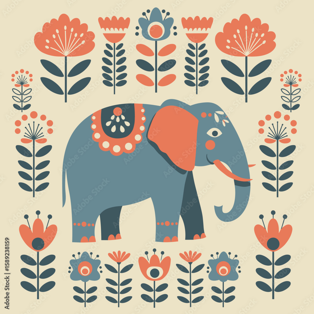 Fototapeta premium Colorful elephant surrounded by floral patterns in a whimsical style , Suitable for packaging children's goods, textiles, postcards 