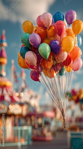 Colorful Balloons Float Above a Lively Amusement Park During a Sunny Daytime ...