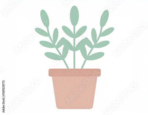 Minimalist Illustration Of Plant In Ceramic Pot With Light Green Leaves Against White Background