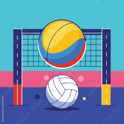 A versatile collection of volleyballs and sports equipment on various courts, including beach, indoor, and outdoor settings