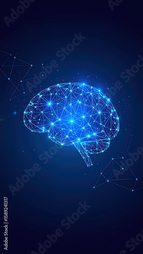 Digital Brain Illustration with Glowing Blue Points and Lines on Dark Blue Background