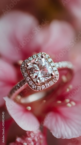 Beautiful Diamond Engagement Ring Resting on Delicate Pink Cherry Blossom Petals