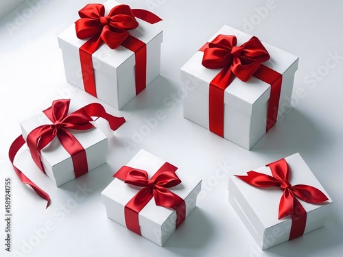 A view of five white gift boxes wrapped with red ribbons and bows sitting on a white surface top down