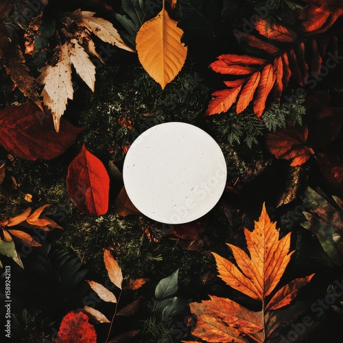 Beautiful Autumn Leaves Surrounding a Circular Object in a Forest Setting.