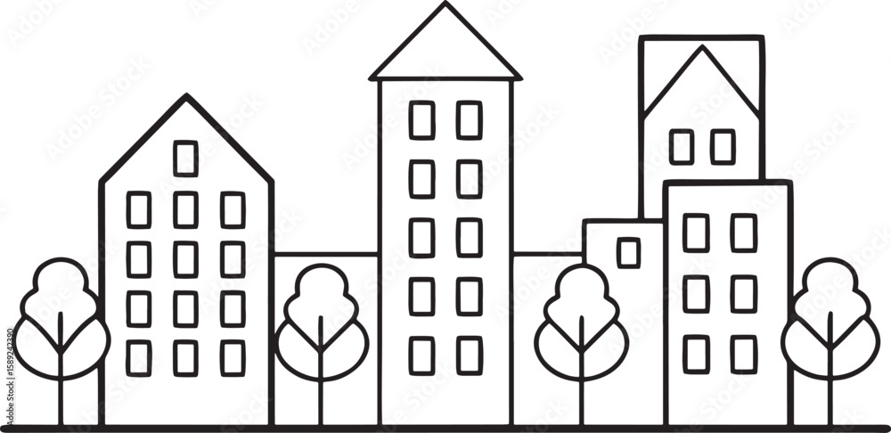 Fototapeta premium Minimalist city skyline with trees line art buildings