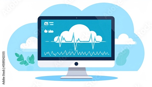 Digital ECG Monitor Displaying Real-time Cardiac Data Connected To Cloud Technology