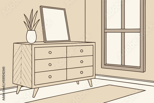 Wooden dresser with light brown wall and a blank picture frame in cozy home interior setup in modern flat illustration style.
