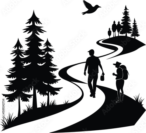 Couple skiing in winter mountains, vector illustration of people having fun in the snow