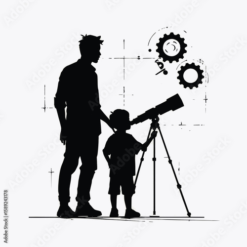 Dad And Child With Telescope Blueprint STEM Fathers Day Vector