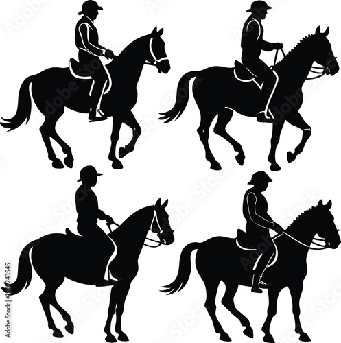Equestrian sport black vector silhouettes of horse and rider galloping, jumping, and racing