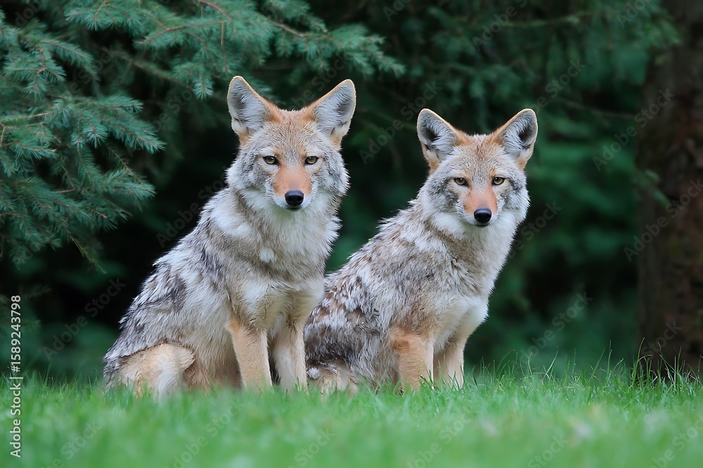 Naklejka premium Two Coyotes Sitting Calmly on the Grass Underneath Evergreen Trees looking at camera