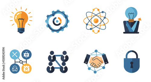 Photo of a set of icons representing technology and business concepts, including a light bulb, gear, atom, and handshake isolated on transparent background