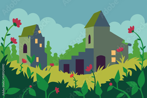 abandoned village overtaken by wildflowers 