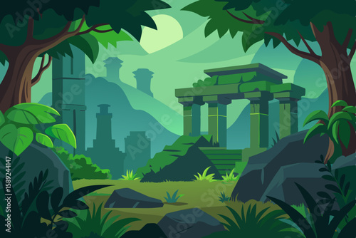 ancient ruins in a lush jungle with creeping vines.svg