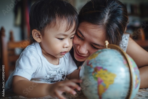 Child and mother look at a globe