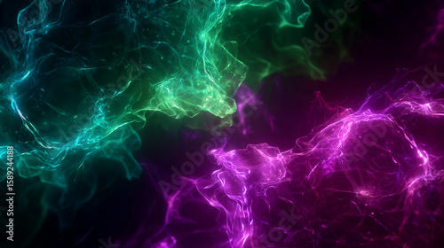 Electric neon plasma morphing on dark background, glowing in ultraviolet magenta and vibrant green, fluid energy flow, abstract motion background