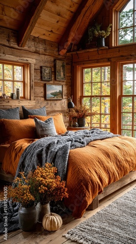 Cozy Cabin Bedroom With Orange Bedding and Autumn Decor in a Rustic Setting.