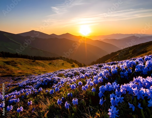 Vast expanses of vibrant blue monkshood flowers blanket the rolling hills at sunrise, with the golden sun cresting over distant mountain peaks, casting a warm glow over the serene landscape.