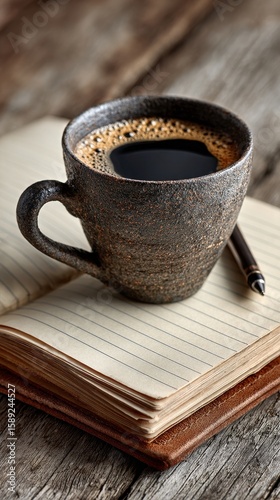 Warm Coffee Cup Resting on Notes in Cozy Setting With Natural Wood Background.