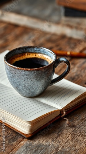 Morning Coffee With Notebook on Rustic Wooden Table in Cozy Cafe