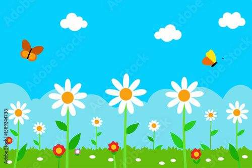 bright spring meadow with daisies and butterflies .svg