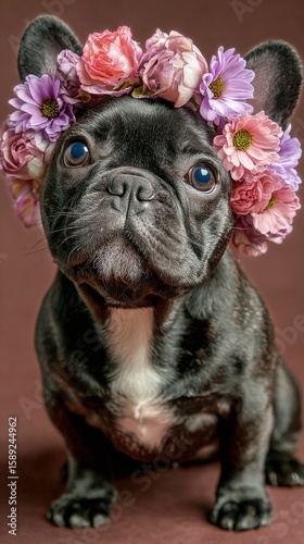 Playful Black French Bulldog Wearing a Floral Crown Posing in a Studio Setting.