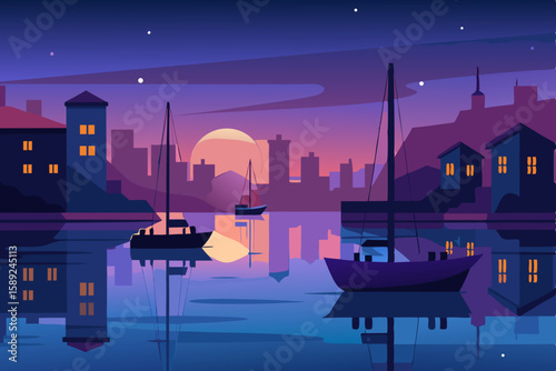 calm harbor at dusk with boats docked  reflecting