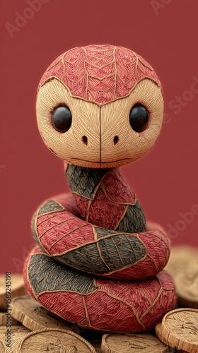 Colorful Snake Figurine Crafted From Wood Displayed on Golden Coins.