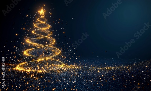 Sparkling Christmas Tree Adorned With Golden Lights Shines Brightly in a Dark...
