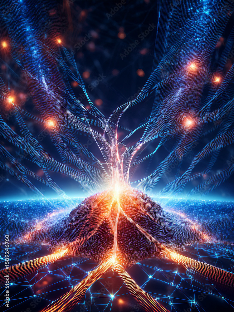 Fototapeta premium Glowing brain-inspired network with surreal digital design Surreal neural network with radiant center and glowing web