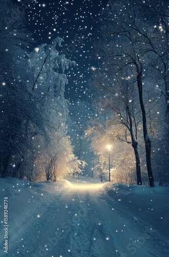 Magical Winter Night With Falling Snow and Illuminated Trees in a Calm Forest...