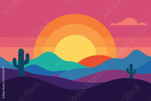 colorful sunrise over a vast desert with cacti 