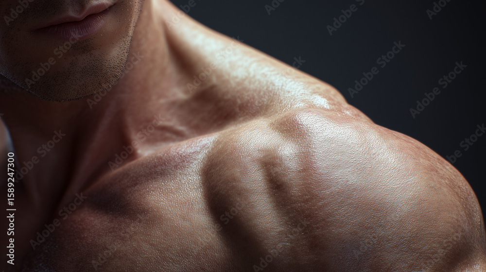 Fototapeta premium Close-up of a man's muscular traps and shoulders showing strength, fitness, and body definition. Ideal for health, workout, and anatomy-related visual content.