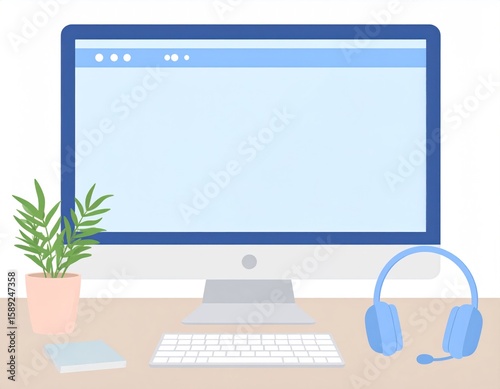 Modern Workspace Illustration With Blue Monitor Headphones Plant And Keyboard On A Wooden Desk With White Background