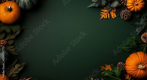 Colorful Autumn Pumpkins and Greens on Dark Surface for Seasonal Decoration a...
