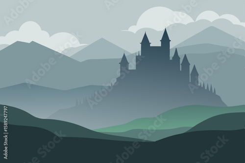 distant castle nestled among rolling foggy hills