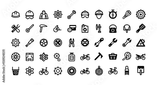 Bicycle Services Line Icon Set – Thin Linear Vector Pictograms of Subscription, Helmet, Cleaning, Bicycle Mechanic, Delivery, Customization, Spare Parts, Storage, and Locker