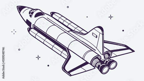 Illustration of a space shuttle with detailed engines and wings in a starry outer space scene artfully drawn