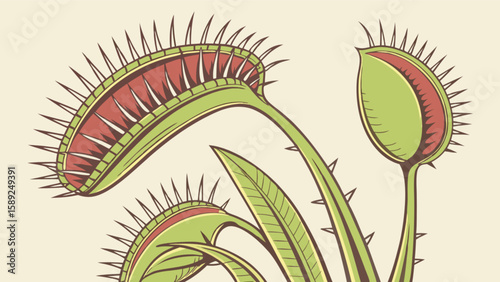 Illustration of three venus flytraps with open traps exposing red interiors and spiky edges